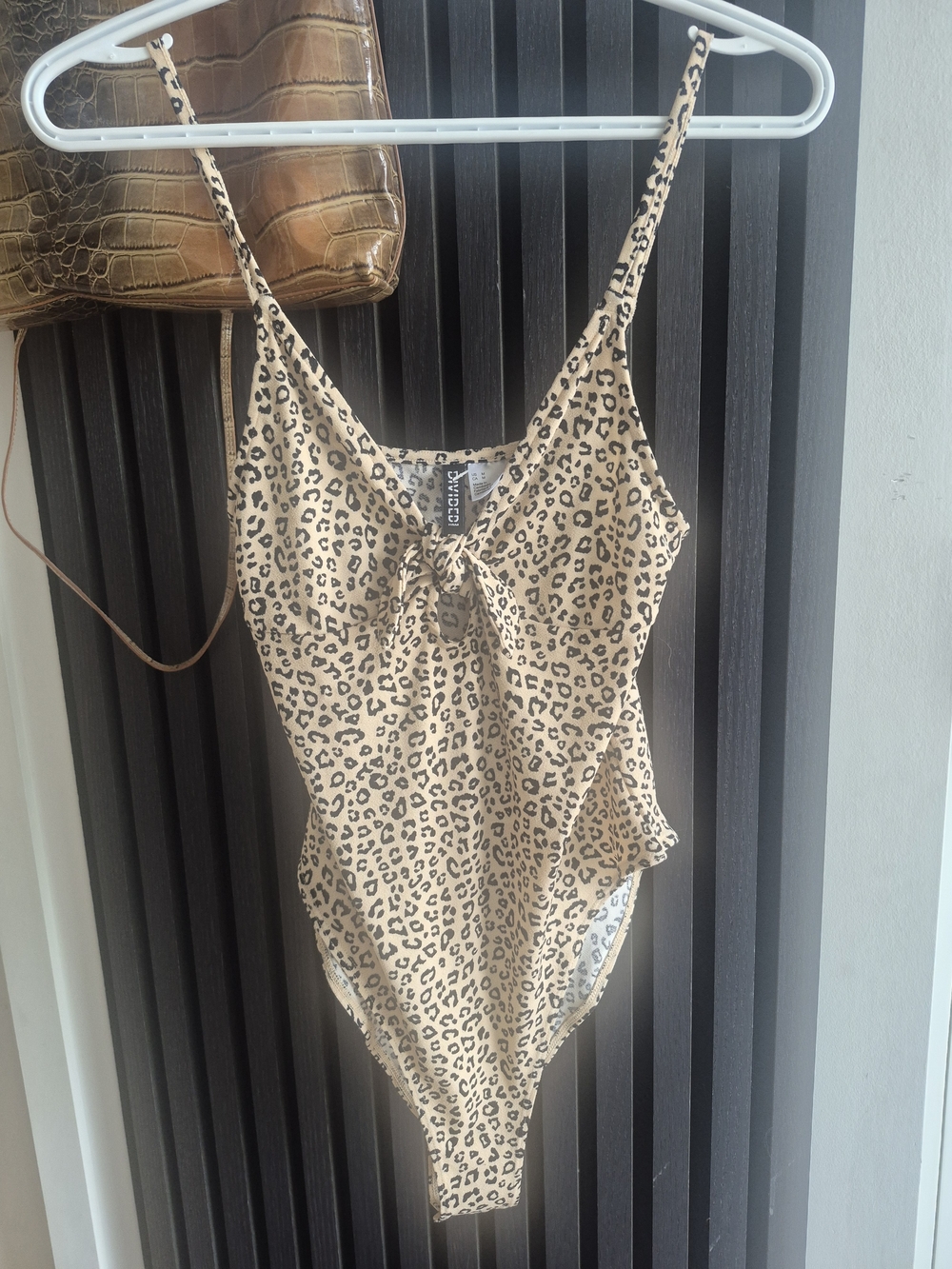 H&M Leopard Print Tie-Front Bodysuit in Beige and Black